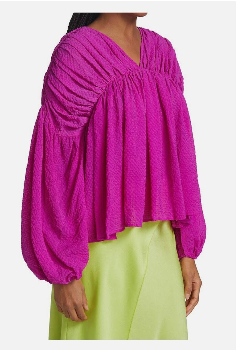 Stine Goya Top Small Pink Maelys Blouse Long Sleeve Oversized Ruched Split Neck